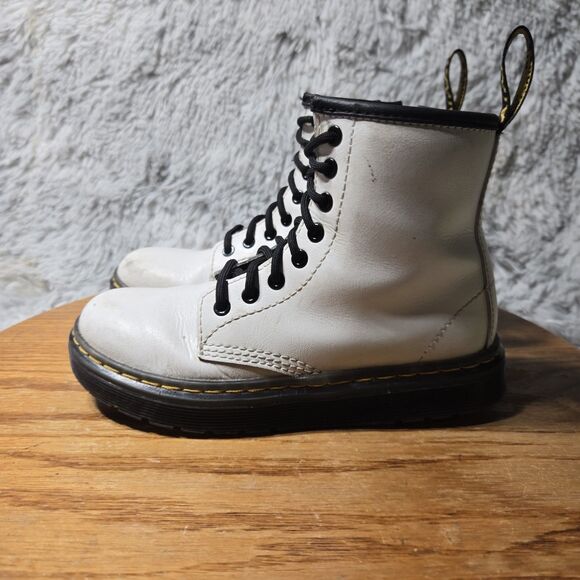 Dr Doc Martens Youth Size 13 White Leather Lace Up Side Zip Combat Boots - Picture 1 of 13